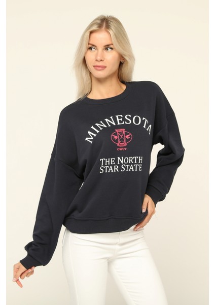 Lacivert Bisiklet Yaka Baskılı Sweatshirt