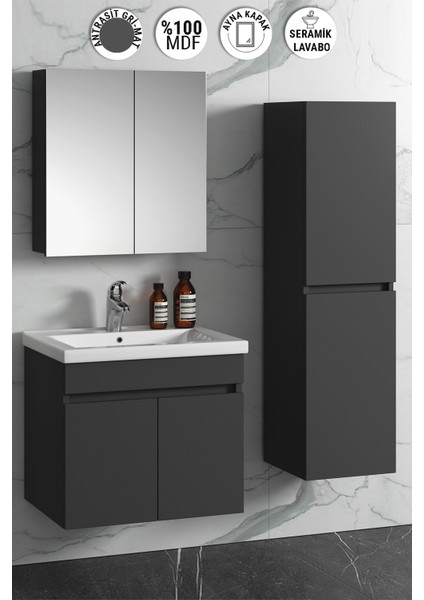 Çiğdem 55+35 cm Antrasit Gri Mat Mdf Seramik Lavabolu Asma Banyo Dolabı Takımı