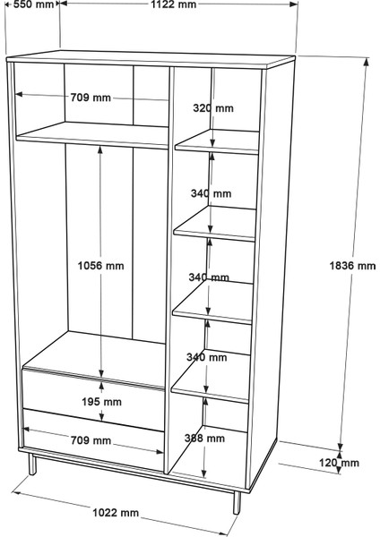 Robin Home Lidya Gardırop 3 Kapı 2 Çekmece Metal Ayaklı 196CM Beyaz