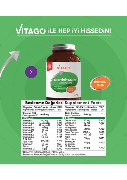 Premium Multivitamin Koenzim Q-10 60 Tablet Takviye Edici Gıda