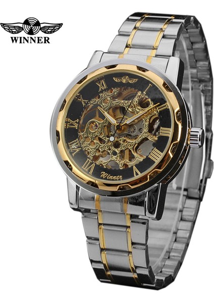 Gümüş Siyah Kazanan Erkek Mekanik Saat Siyah Stainess Çelik Çelik El Rüzgar Saatler Şeffaf Steampunk Montre Homme Kol Saati (Yurt Dışından) fırsatları