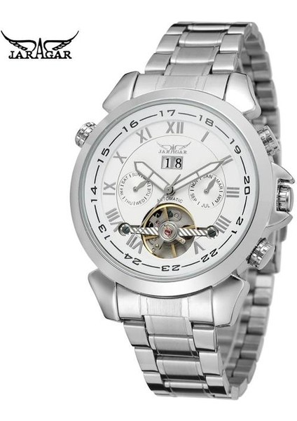 Gümüş Beyaz Jaragar Izle Basit Lüks Gümüş Içi Boş Çok Fonksiyonlu Erkek Saatler Su Geçirmez Otomatik Mekanik Çelik Saat Kol Saati Adam (Yurt Dışından)