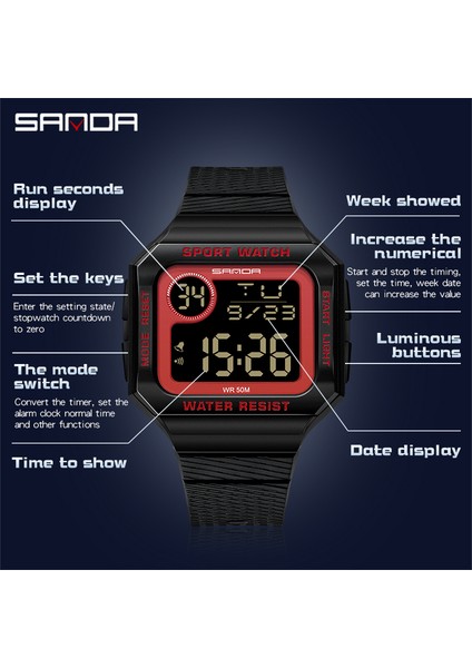 Siyah Mavi Sanda Marka Spor Dijital Saat Moda LED Erkek Saatler Kare Elektronik Kol Saati Su Geçirmez Askeri Saat Reloj Hombre (Yurt Dışından)