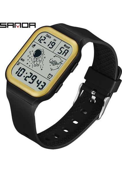 Siyah Altın Sanda Marka Spor Dijital Saat Moda LED Erkek Saatler Chrono Elektronik Kol Saati Su Geçirmez Geri Sayım Saati Reloj Hombre (Yurt Dışından)