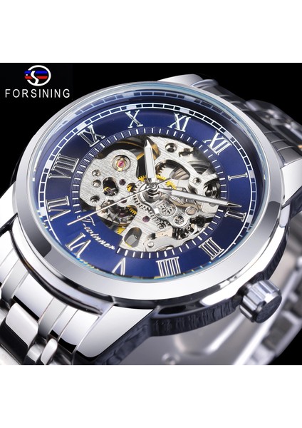 GMT1236-4 Forsining Hollow Açık Çalışma Mavi Kadran Gümüş Paslanmaz Çelik Su Geçirmez Retro 3D Otomatik Mekanik Bilek Saati Saat (Yurt Dışından) fiyatları