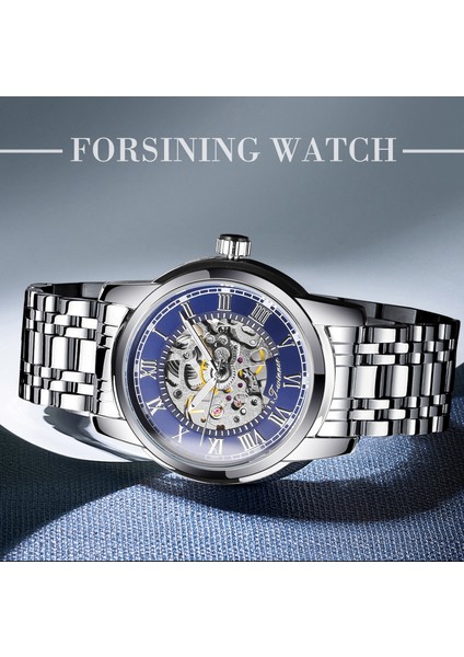 GMT1236-4 Forsining Hollow Açık Çalışma Mavi Kadran Gümüş Paslanmaz Çelik Su Geçirmez Retro 3D Otomatik Mekanik Bilek Saati Saat (Yurt Dışından) modelleri