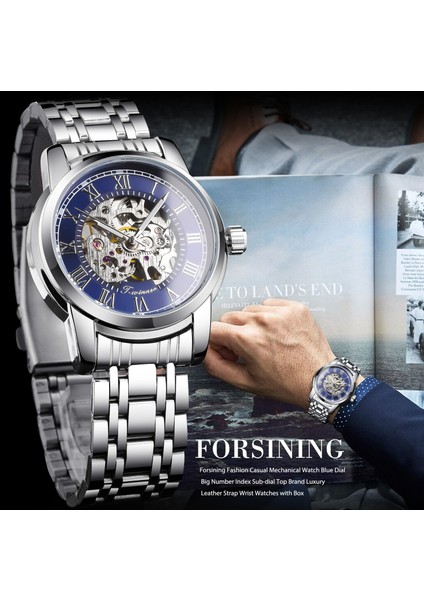 GMT1236-4 Forsining Hollow Açık Çalışma Mavi Kadran Gümüş Paslanmaz Çelik Su Geçirmez Retro 3D Otomatik Mekanik Bilek Saati Saat (Yurt Dışından) fırsatları