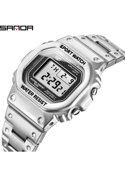 Gümüş Sanda Üst Marka Lüks Erkek Saatler LED Dijital Saat Spor Saat Erkekler Rahat Su Geçirmez Kol Saati Çelik Saat Мужские Часы (Yurt Dışından)