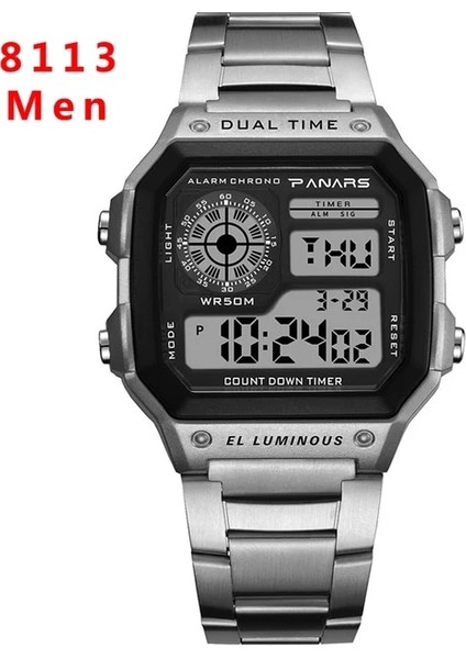 8113 Gümüş Saatler Erkekler Lüks Marka Su Geçirmez Spor Saat Erkek Çalar Saat LED Dijital Kol Saati Paslanmaz Çelik Alaşım Montre Homme Hediye (Yurt Dışından)