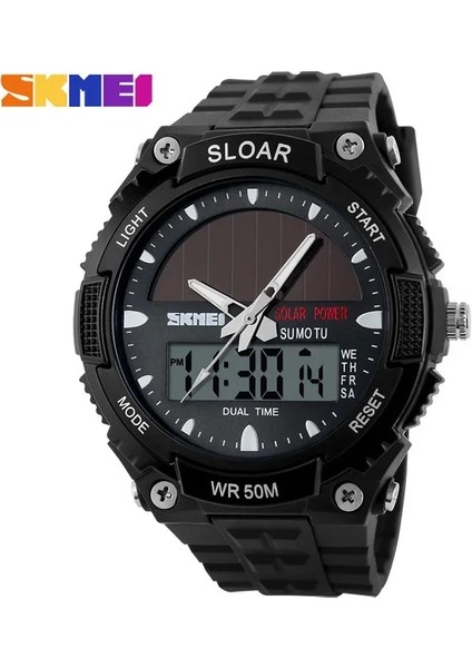 Siyah Saat Skmeı Marka Güneş Enerjili Erkekler Spor Saatler Açık Askeri LED Izle Moda Dijital Kuvars Saatler Çok Fonksiyonlu (Yurt Dışından)