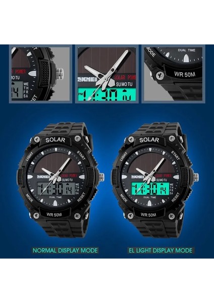 Siyah Saat Skmeı Marka Güneş Enerjili Erkekler Spor Saatler Açık Askeri LED Izle Moda Dijital Kuvars Saatler Çok Fonksiyonlu (Yurt Dışından)