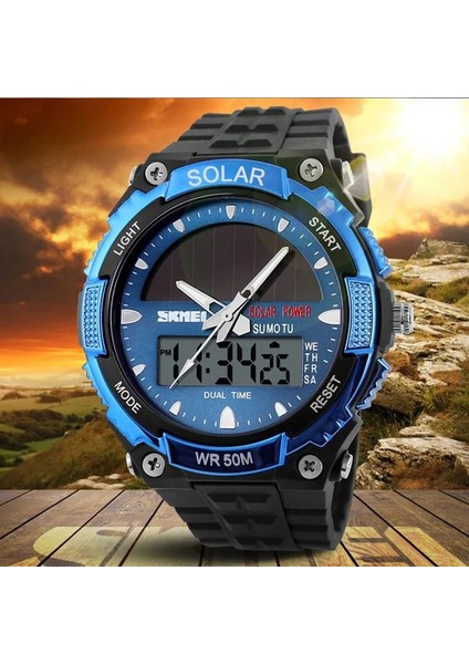 Siyah Saat Skmeı Marka Güneş Enerjili Erkekler Spor Saatler Açık Askeri LED Izle Moda Dijital Kuvars Saatler Çok Fonksiyonlu (Yurt Dışından)
