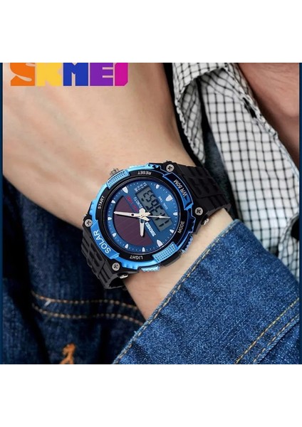 Siyah Saat Skmeı Marka Güneş Enerjili Erkekler Spor Saatler Açık Askeri LED Izle Moda Dijital Kuvars Saatler Çok Fonksiyonlu (Yurt Dışından)