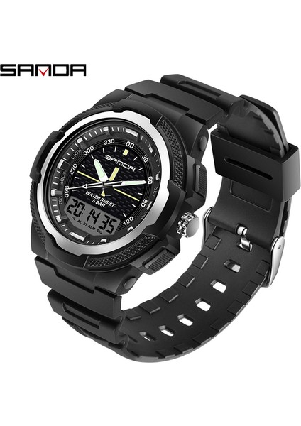 Siyah Gümüş Sanda Yeni Lüks Spor Erkekler Rahat Tarzı Askeri Saatler Erkekler Su Geçirmez Yeni Elektronik Çift Gösteri Açık Hava Spor Kol Saati (Yurt Dışından)