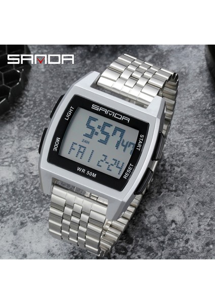 Gümüş Sanda Moda Elektronik Saat Lüks Paslanmaz Çelik Bant Adam Için Dijital Saatler Su Geçirmez Kronometre LED Işıklı Çalar Saat (Yurt Dışından) fiyatları
