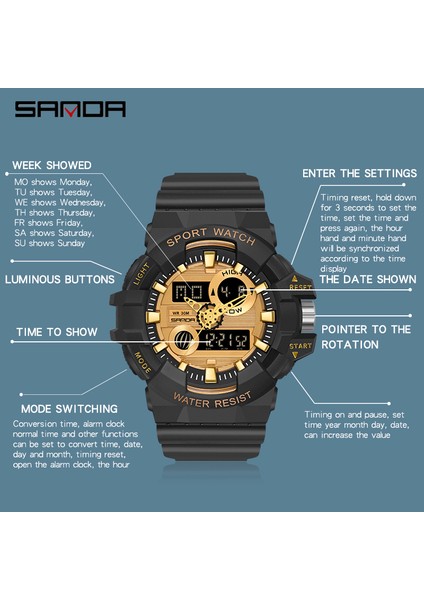 Siyah Altın Sanda Yeni Spor Dijital Saat Erkekler Büyük Kadran Çok Fonksiyonlu LED Işık 50M Su Geçirmez Kol Saati Erkekler Için Relogio Masculino (Yurt Dışından) indirimleri