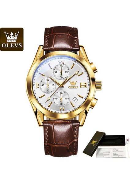 No.1 Olevs 2872 Pu Kayış Su Geçirmez Erkek Kol Saatleri Spor Çok Fonksiyonlu Üç Göz Altı El Kuvars Izle Erkekler Için Aydınlık Takvim (Yurt Dışından)