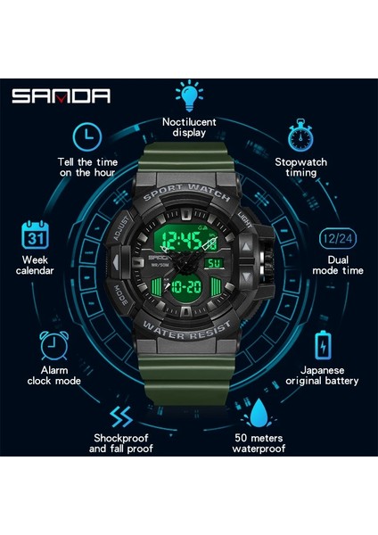 BLACK3128 Sanda Erkekler Askeri Spor Kol Saati Sarı Mavi Kuvars Su Geçirmez Izle Çift Ekran Erkek Saat Saatler Relogio Masculino 3129 (Yurt Dışından)
