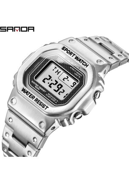 Gümüş Sanda Moda Spor Saat G-Tipi Askeri Saat Erkek Paslanmaz Çelik Iş Su Geçirmez Elektronik Saat Relogio Masculino (Yurt Dışından)