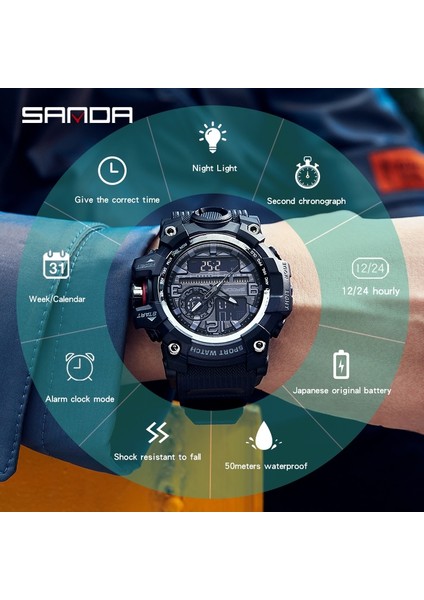3133 Siyah Sanda Açık Askeri Erkek Saatler 5ATM Su Geçirmez Spor Çift Zamanlı Kol Saati Kuvars Izle Erkekler Için Saat Relogio Masculino (Yurt Dışından)