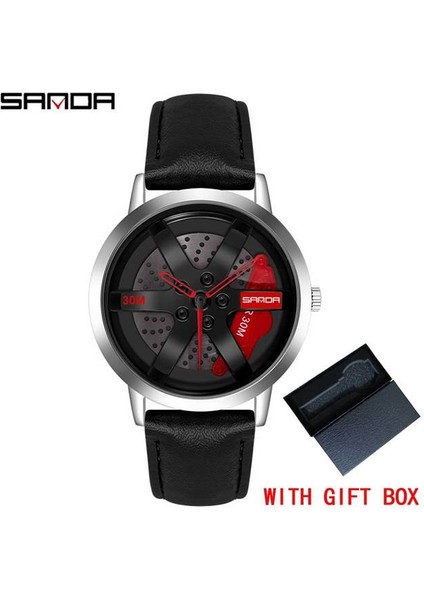 Deri Sr Kırmızı Kutu Erkek Saati Moda Yüksek Kalite 3D Model 360 Dönen Araba Tekerlek Göbeği Özel Tasarım Spor Saat Su Geçirmez Kuvars Kol Saati (Yurt Dışından)