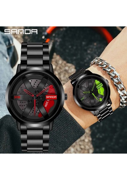 Deri Sr Kırmızı Kutu Erkek Saati Moda Yüksek Kalite 3D Model 360 Dönen Araba Tekerlek Göbeği Özel Tasarım Spor Saat Su Geçirmez Kuvars Kol Saati (Yurt Dışından) modelleri