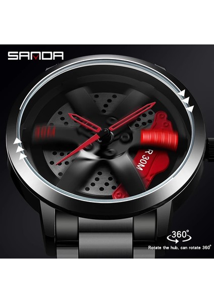 Deri Sr Kırmızı Kutu Erkek Saati Moda Yüksek Kalite 3D Model 360 Dönen Araba Tekerlek Göbeği Özel Tasarım Spor Saat Su Geçirmez Kuvars Kol Saati (Yurt Dışından) fırsatları