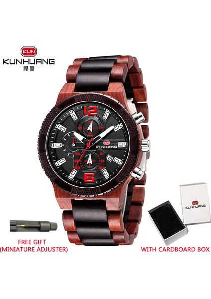 Siyah Kırmızı Kutulu Erkek Ahşap Saatler Lüks Aydınlık Çok Fonksiyonlu Ahşap Izle Erkek Kuvars Retro Izle Erkekler Moda Spor Saatler Relogio (Yurt Dışından)