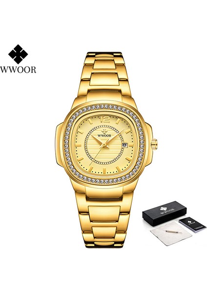 Altın Altın Kutu Wwoor Gümüş Pembe Saatler Kadınlar Yaratıcı Narin Elmas Saatler Bayanlar Takvim Kadın Bilezik Izle Kadın Saat Montre Femme (Yurt Dışından)