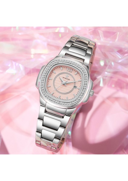 Altın Altın Kutu Wwoor Gümüş Pembe Saatler Kadınlar Yaratıcı Narin Elmas Saatler Bayanlar Takvim Kadın Bilezik Izle Kadın Saat Montre Femme (Yurt Dışından) modelleri