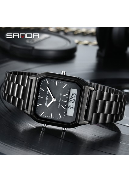 Gümüş Siyah Sanda Lüks Erkek Siyah Paslanmaz Çelik Saatler Kadın Moda LED Dijital Saat Su Geçirmez Spor Saat Relogio Masculino (Yurt Dışından) fiyatları