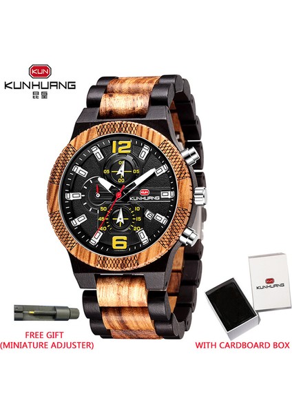 Siyah Sarı (Kutu) Erkek Ahşap Saatler Lüks Aydınlık Çok Fonksiyonlu Ahşap Izle Erkek Kuvars Retro Izle Erkekler Moda Spor Saatler Relogio (Yurt Dışından)