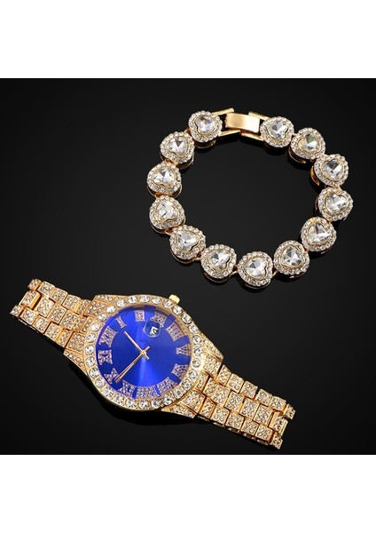 2 Parça Set Buzlu Out Izle Bilezik Kadınlar Için Hip Hop Erkekler Takı Kristal Kalp Tenis Küba Link Zinciri Bilezik Saat Seti Doğum Günü Hediyesi (Yurt Dışından)