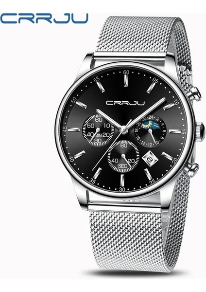 Gümüş Siyah Relogio Masculino Crrju Lüks Kuvars Izle Erkekler Için Mavi Kadran Saatler Spor Saatler Chronograph Saat Örgü Kemer Kol Saati (Yurt Dışından)