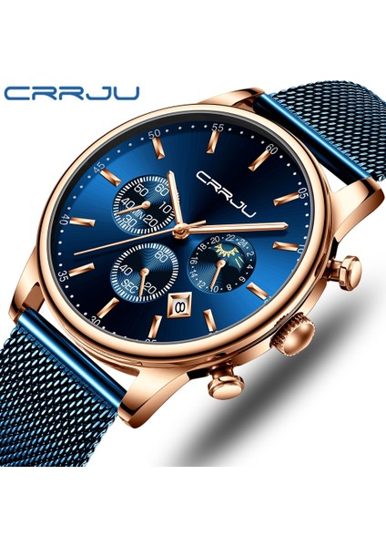 Gümüş Siyah Relogio Masculino Crrju Lüks Kuvars Izle Erkekler Için Mavi Kadran Saatler Spor Saatler Chronograph Saat Örgü Kemer Kol Saati (Yurt Dışından)