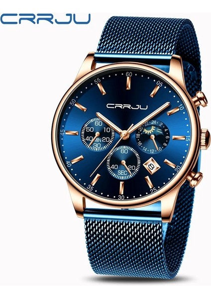 Gümüş Siyah Relogio Masculino Crrju Lüks Kuvars Izle Erkekler Için Mavi Kadran Saatler Spor Saatler Chronograph Saat Örgü Kemer Kol Saati (Yurt Dışından)