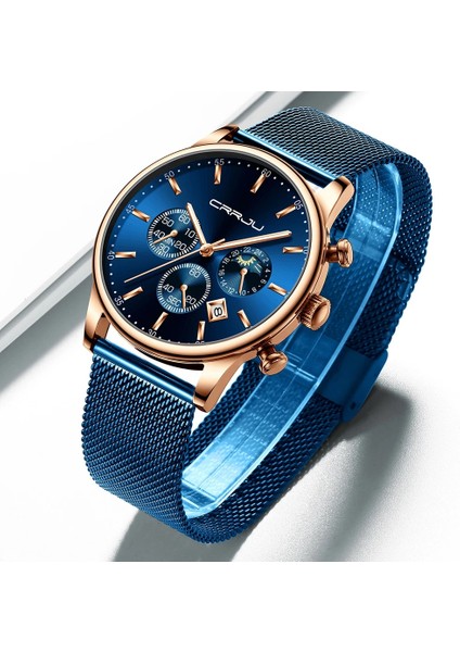 Gümüş Siyah Relogio Masculino Crrju Lüks Kuvars Izle Erkekler Için Mavi Kadran Saatler Spor Saatler Chronograph Saat Örgü Kemer Kol Saati (Yurt Dışından)