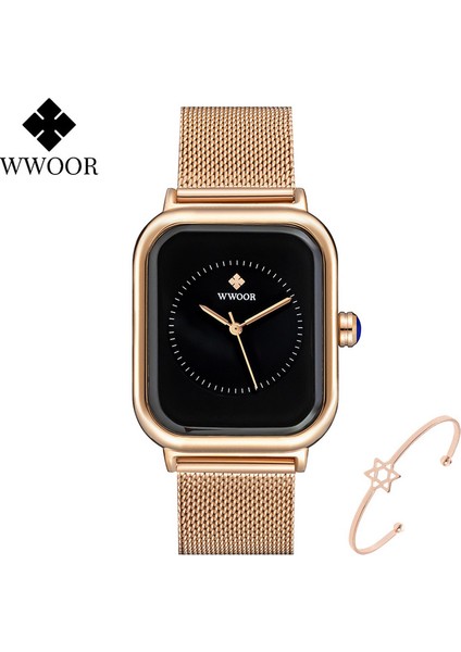 Siyah-W Wwoor Şık Mor Bayanlar Bilezik Saatler Kadınlar Çelik Hasır Kare Kuvars Kol Saati Kadın Su Geçirmez Saat Hediye Reloj Mujer (Yurt Dışından)