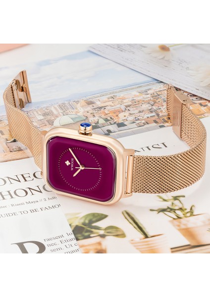 Siyah-W Wwoor Şık Mor Bayanlar Bilezik Saatler Kadınlar Çelik Hasır Kare Kuvars Kol Saati Kadın Su Geçirmez Saat Hediye Reloj Mujer (Yurt Dışından) indirimleri
