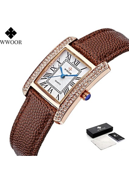 Kahverengi Gül Kutusu Wwoor Yeni Kadın Izle Moda Beyaz Deri Bayanlar Kol Saati Su Geçirmez Kuvars Elmas Rhinestones Bilezik Saat Montre Femme (Yurt Dışından)