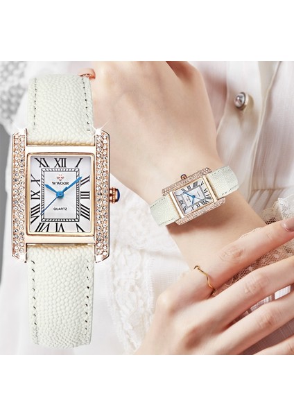 Kahverengi Gül Kutusu Wwoor Yeni Kadın Izle Moda Beyaz Deri Bayanlar Kol Saati Su Geçirmez Kuvars Elmas Rhinestones Bilezik Saat Montre Femme (Yurt Dışından) fiyatları
