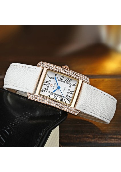 Kahverengi Gül Kutusu Wwoor Yeni Kadın Izle Moda Beyaz Deri Bayanlar Kol Saati Su Geçirmez Kuvars Elmas Rhinestones Bilezik Saat Montre Femme (Yurt Dışından) modelleri