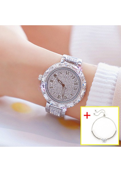 Gümüş Bilezik Moda Kadın Bilezik Saatler Paslanmaz Çelik Taklidi Kristal Bayanlar Kuvars Izle Kadın Elbise Saat Dropshiping Montre Femme (Yurt Dışından)