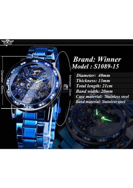 S1089-11 Kazanan Şeffaf Elmas Mekanik Saat Mavi Paslanmaz Çelik Izle Üst Marka Lüks Iş Aydınlık Erkek Saat (Yurt Dışından) fiyatları
