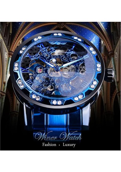 S1089-11 Kazanan Şeffaf Elmas Mekanik Saat Mavi Paslanmaz Çelik Izle Üst Marka Lüks Iş Aydınlık Erkek Saat (Yurt Dışından) fırsatları