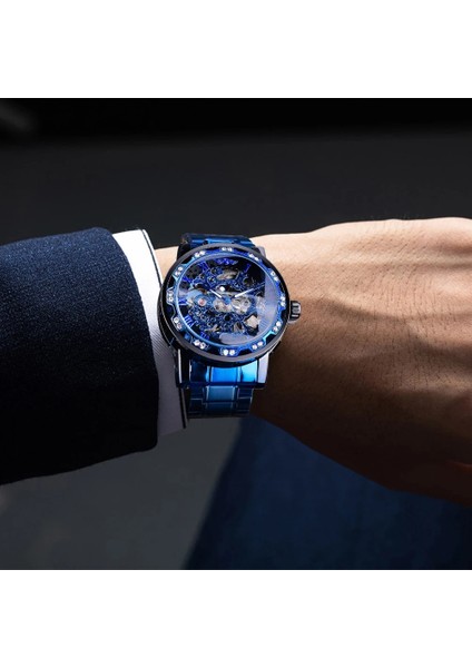 S1089-11 Kazanan Şeffaf Elmas Mekanik Saat Mavi Paslanmaz Çelik Izle Üst Marka Lüks Iş Aydınlık Erkek Saat (Yurt Dışından) indirimleri