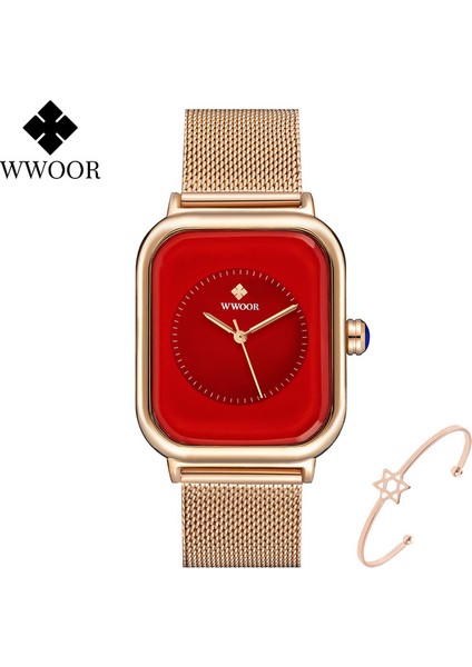 Kırmızı-W Wwoor Şık Mor Bayanlar Bilezik Saatler Kadınlar Çelik Hasır Kare Kuvars Kol Saati Kadın Su Geçirmez Saat Hediye Reloj Mujer (Yurt Dışından)