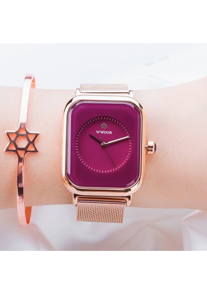Kırmızı-W Wwoor Şık Mor Bayanlar Bilezik Saatler Kadınlar Çelik Hasır Kare Kuvars Kol Saati Kadın Su Geçirmez Saat Hediye Reloj Mujer (Yurt Dışından) fiyatları