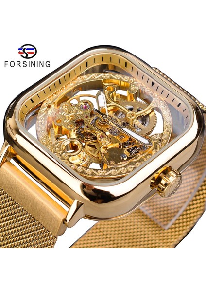GMT1148-10 Forsining Erkekler Mekanik Saatler Otomatik Kendinden Rüzgar Altın Şeffaf Moda Örgü Çelik Kol Saati Adam Erkek Sıcak Saat (Yurt Dışından)