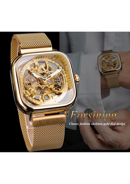 GMT1148-10 Forsining Erkekler Mekanik Saatler Otomatik Kendinden Rüzgar Altın Şeffaf Moda Örgü Çelik Kol Saati Adam Erkek Sıcak Saat (Yurt Dışından)